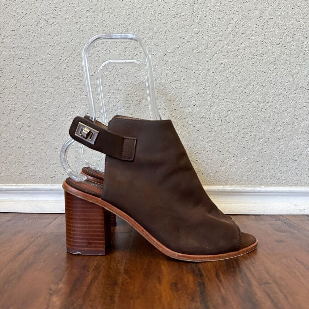 MATT BERNSON Peep Toe Open Heel Ankle Strap Booties Espresso Nubuck Leather